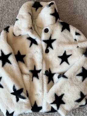 POPSUGAR Cream Faux-Fur Jacket with Black Star Print